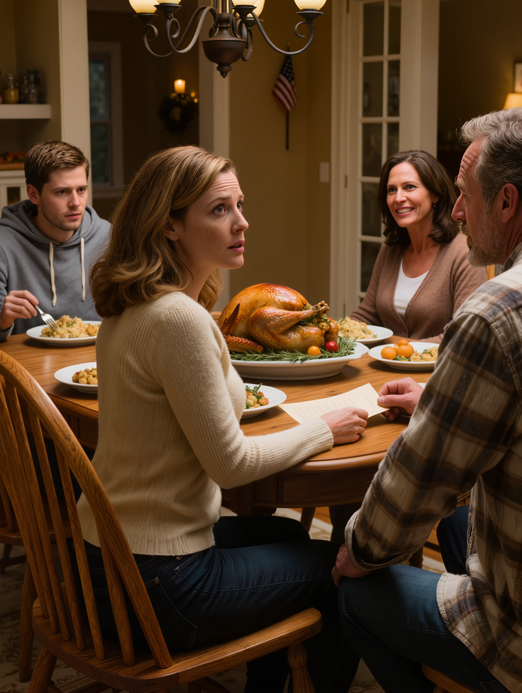 Jeg brugte tre uger på at forberede Thanksgiving i mit lille hus i Iowa, og så skubbede min far et foldet papir hen over bordet og sagde: “Syv dage – din bror har brug for dette sted.” Jeg græd ikke. Jeg bad dem gå, og noget i mig gav endelig efter. Tre dage senere dukkede de op på min veranda uden ham, og de så meget mindre sikre ud end før, og for første gang var det mig, der havde kontrol.