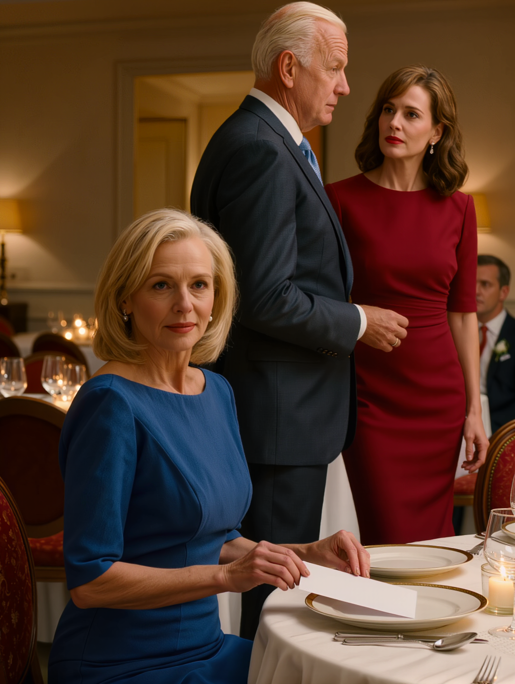 At my son’s wedding dinner, my husband stood up, raised his glass, and said, “This is the end for us. I’ve found someone else.” His secretary sat across from me, smiling, while the whole room went silent. I leaned in and said, “Thanks for the heads-up,” slipped a white envelope beside his plate, and walked out before he realized the night was no longer going to end the way he had planned.