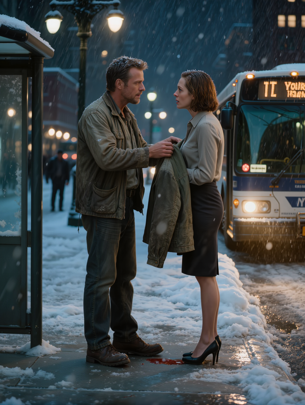 Jeg gav min eneste jakke til en iskold kvinde ved et busstoppested på Manhattan og troede, at natten ville ende der; tre dage senere fandt nogen mig, stillede et stille spørgsmål om hende, og næste morgen stod jeg på kanten af ​​et liv, jeg ikke længere genkendte.