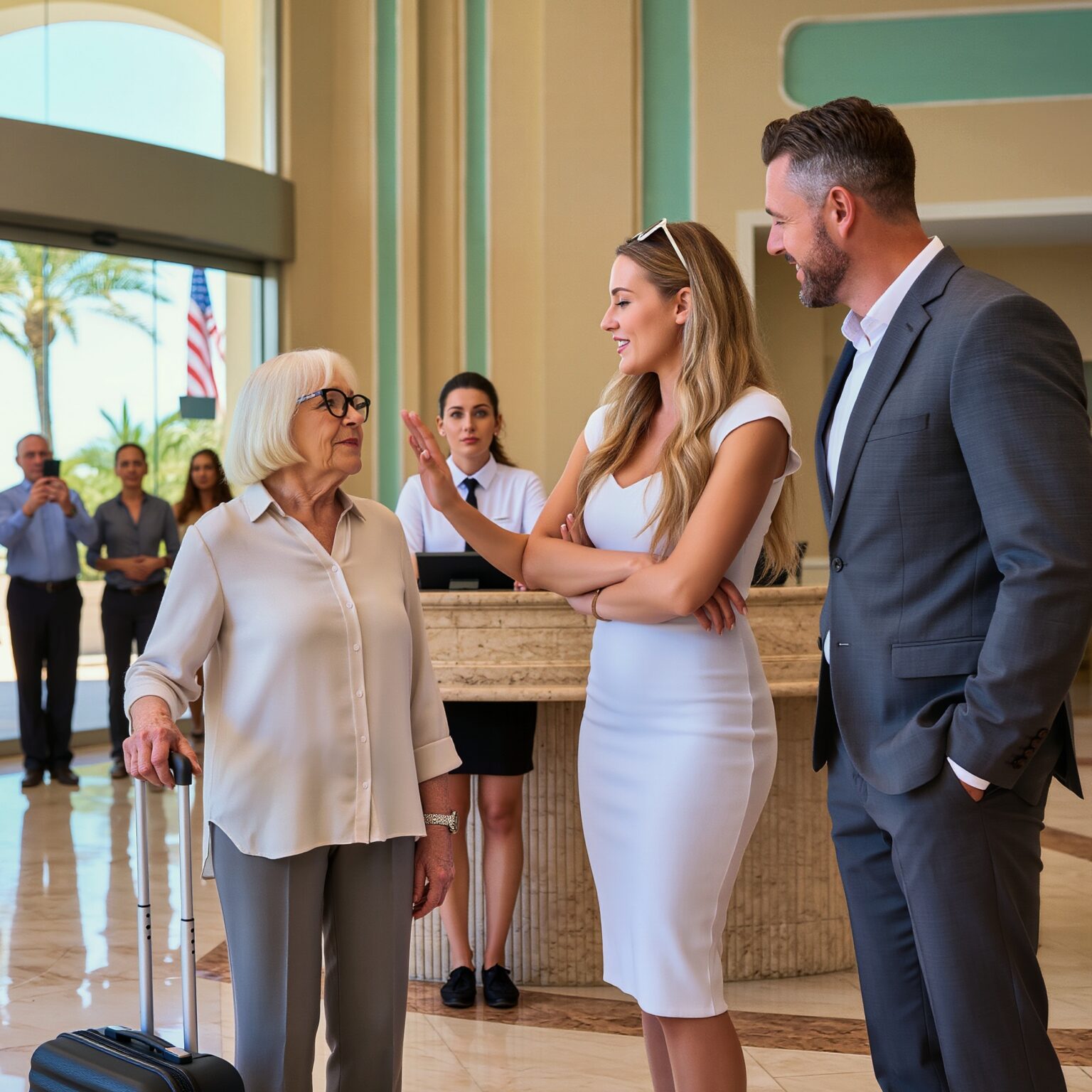 Durante una vacanza in famiglia, mia nuora mi ha indicato e ha sbottato davanti alla receptionist dell’hotel: “Non le parli, è solo la cameriera!”. Mio figlio si è messo a ridere, senza rendersi conto che ero la proprietaria del resort, uno dei più lussuosi della costa della Florida, e la mia reazione successiva lo ha mandato completamente nel panico.