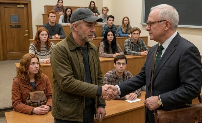 Under timen, da alle ignorerede rengøringsassistenten, afbrød rektoren hans tale for at give ham hånden.