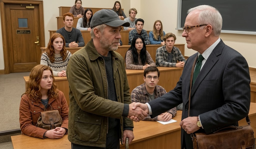 Under timen, da alle ignorerede rengøringsassistenten, afbrød rektoren hans tale for at give ham hånden.