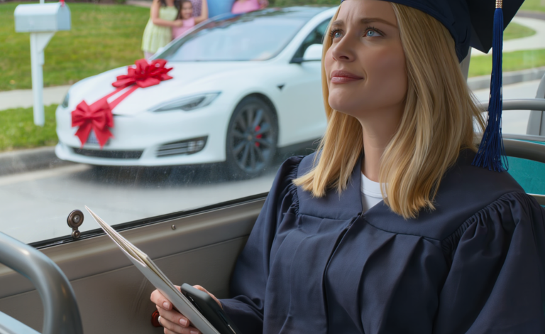 Mine forældre sagde, at jeg skulle tage bussen til min dimission – mens de købte en Tesla til min søster. “Tag bussen,” sagde far. “Den bil er til din søster.” Ved dimissionen bekendtgjorde dekanen: “Og nu … vores yngste milliardærkandidat …” Mine forældre droppede deres uddannelser.