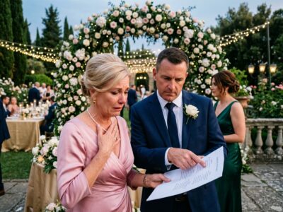 Ved mit barnebarns bryllup blokerede min søn mig under den hvide blomsterbue, jeg havde betalt for, og sagde: “Mor, dit navn er ikke på listen,” mens gæsterne stod der med champagne i hænderne. Jeg græd ikke. Jeg rettede bare min mors perler, vendte mig om og gik hjem for at åbne den ene mappe, Richard havde glemt eksisterede.