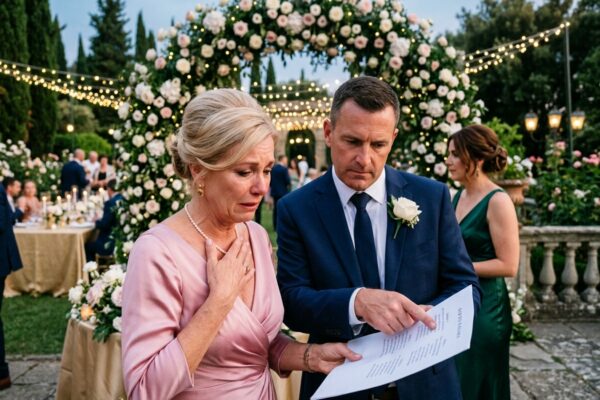 Ved mit barnebarns bryllup blokerede min søn mig under den hvide blomsterbue, jeg havde betalt for, og sagde: “Mor, dit navn er ikke på listen,” mens gæsterne stod der med champagne i hænderne. Jeg græd ikke. Jeg rettede bare min mors perler, vendte mig om og gik hjem for at åbne den ene mappe, Richard havde glemt eksisterede.